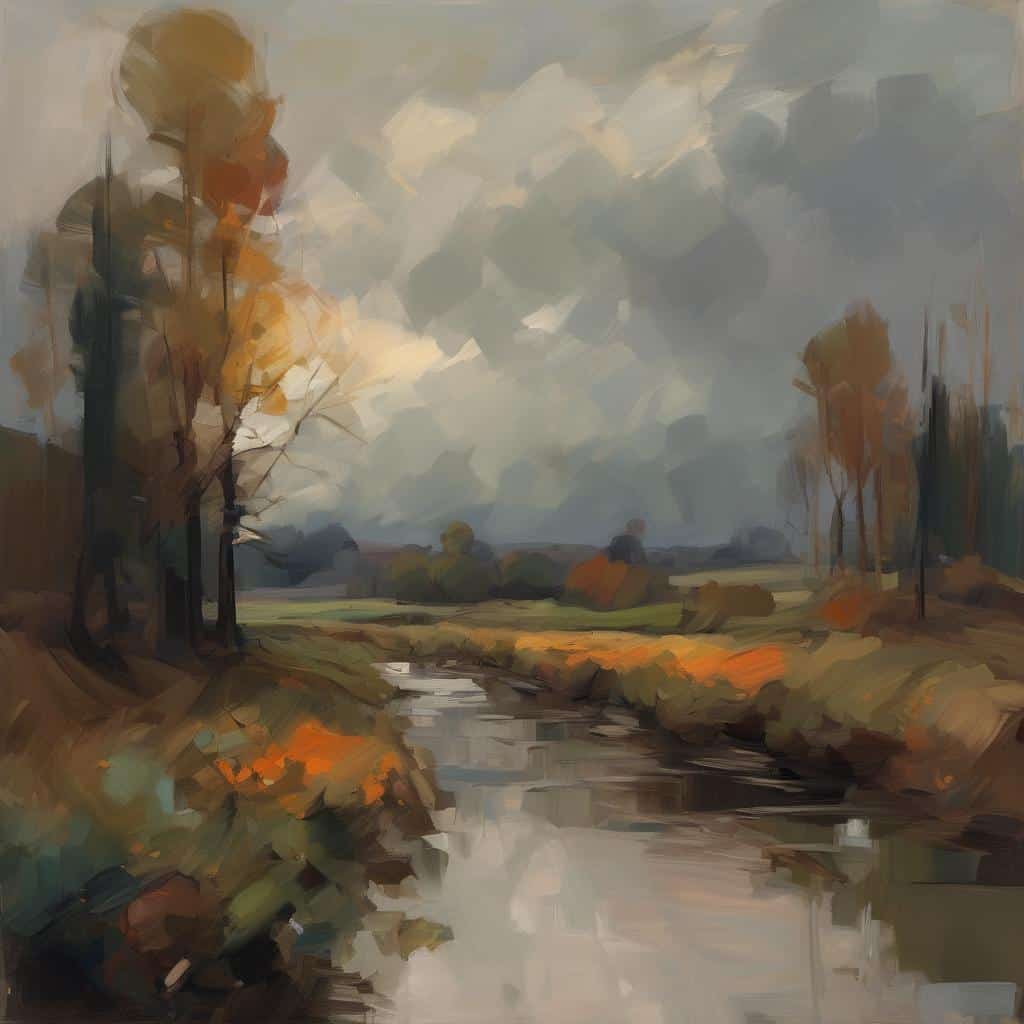 Γραφική καλλιτεχνική αποτύπωση τοπίου με ποτάμι και δέντρα σε φθινοπωρινά χρώματα, εμπνευσμένη από προσωπικά βιώματα.