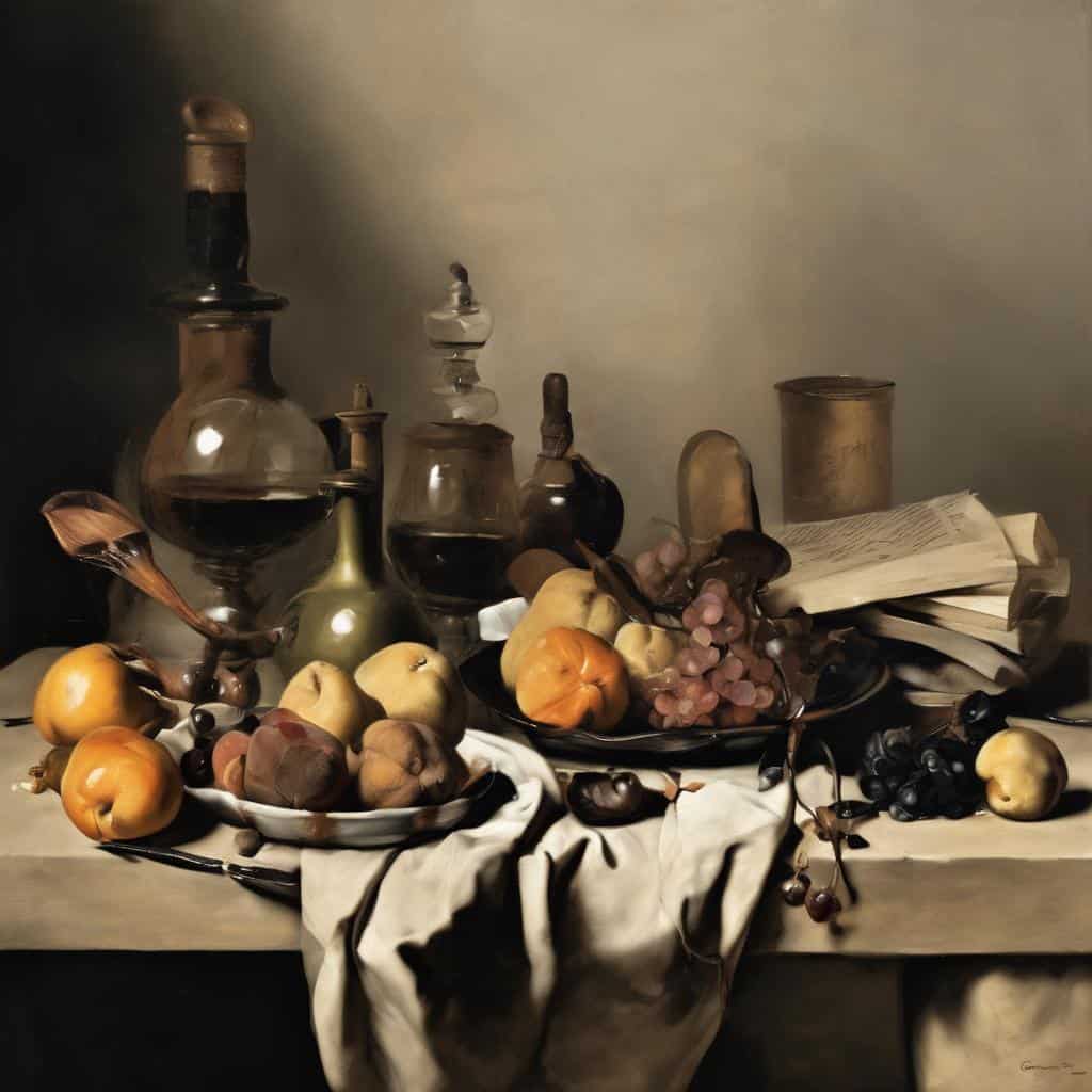 Μπαρτοκάλια, σταφύλια και βιβλία σε still life με καφέ και διακόσμηση, τέχνη μέσα από προσωπικά βιώματα.