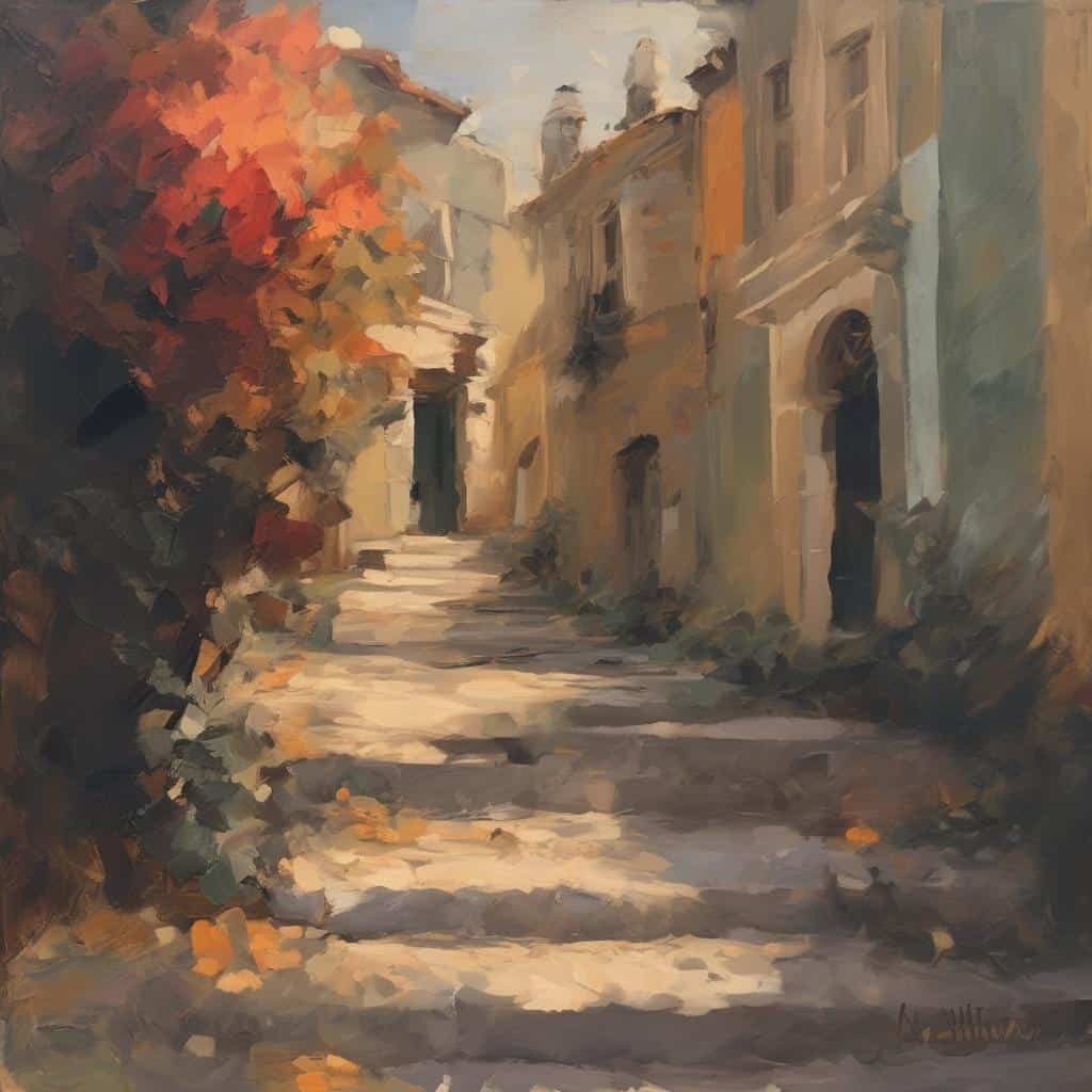 ζωντανή πόλη με λιθόστρωτο δρόμο και αρχοντικά, τέχνη από προσωπικά βιώματα, αθηναία γειτονιά, γραφική αστική σκηνή, παλιά ρετρό ατμόσφαιρα.