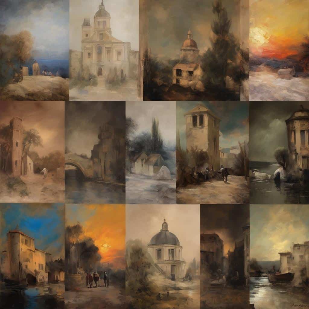 Ονειρική εικόνα από πίνακες με τοπία και αρχιτεκτονικά στοιχεία, εμπνευσμένα από προσωπικά βιώματα και την τέχνη.