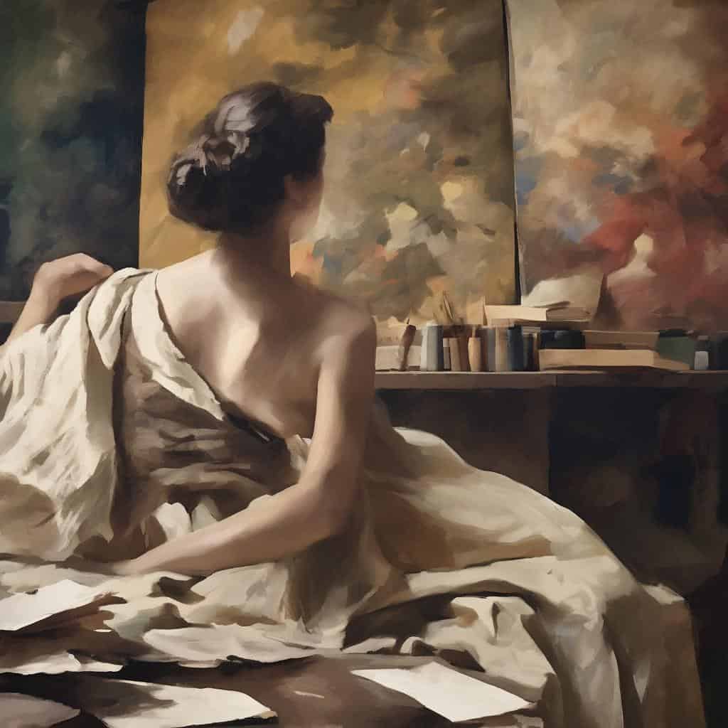 Γυναίκα που ζωγραφίζει σε ατελιέ με έργα τέχνης, προσωπικές εμπειρίες και δημιουργία τέχνης.